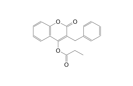 2H-1-benzopyran-2-one, 4-(1-oxopropoxy)-3-(phenylmethyl)-