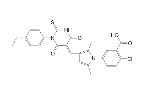 2-chloro-5-{3-[(E)-(1-(4-ethylphenyl)-4,6-dioxo-2-thioxotetrahydro-5(2H)-pyrimidinylidene)methyl]-2,5-dimethyl-1H-pyrrol-1-yl}benzoic acid