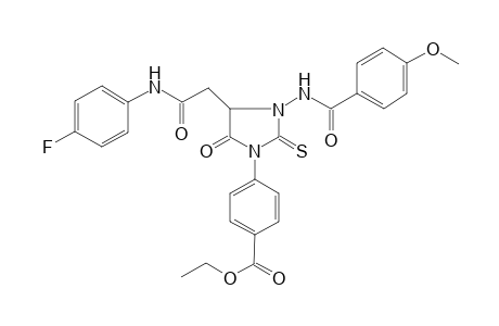 4-[4-[2-(4-fluoroanilino)-2-keto-ethyl]-5-keto-3-(p-anisoylamino)-2-thioxo-imidazolidin-1-yl]benzoic acid ethyl ester