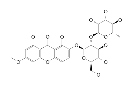 KOUITCHENSIDE_I;7-O-[ALPHA-L-RHAMNOPYRANOSYL-(1->2)-BETA-D-GLUCOPYRANOSYL]-1,8-DIHYDROXY-3-METHOXYXANTHONE
