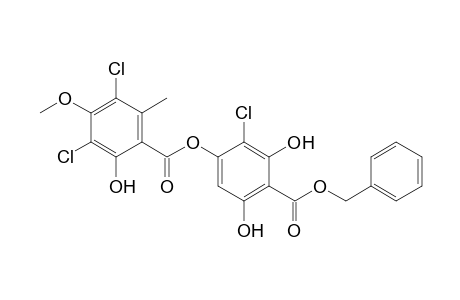 Benzoic acid, 3,5-dichloro-2-hydroxy-4-methoxy-6-methyl-, 2-chloro-3,5-dihydroxy-4-[(phenylmethoxy)carbonyl]phenyl ester