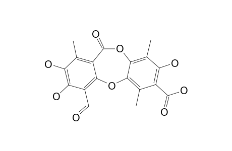 2-HYDROXYVIRENSIC-ACID;4-FORMYL-2,3,8-TRIHYDROXY-1,6,9-TRIMETHYL-11-OXO-11H-DIBENZO-[B,E]-[1,4]-DIOXEPIN-7-CARBOXYLIC-ACID