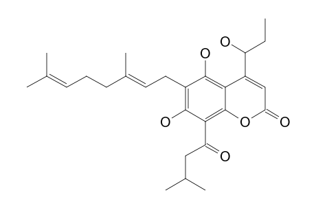 SURANGIN-D;(E)-4-(1-HYDROXYPROPYL)-5,7-DIHYDROXY-6-(3,7-DIMETHYL-2,6-OCTADIENYL)-8-(3-METHYL-1-OXOBUTYL)-COUMARIN