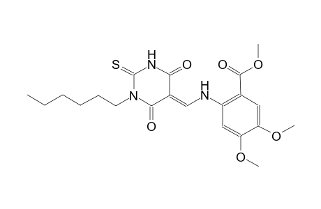 methyl 2-{[(E)-(1-hexyl-4,6-dioxo-2-thioxotetrahydro-5(2H)-pyrimidinylidene)methyl]amino}-4,5-dimethoxybenzoate