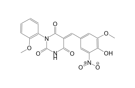 (5E)-5-(4-hydroxy-3-methoxy-5-nitrobenzylidene)-1-(2-methoxyphenyl)-2,4,6(1H,3H,5H)-pyrimidinetrione