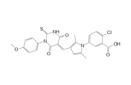 2-chloro-5-{3-[(E)-(1-(4-methoxyphenyl)-4,6-dioxo-2-thioxotetrahydro-5(2H)-pyrimidinylidene)methyl]-2,5-dimethyl-1H-pyrrol-1-yl}benzoic acid