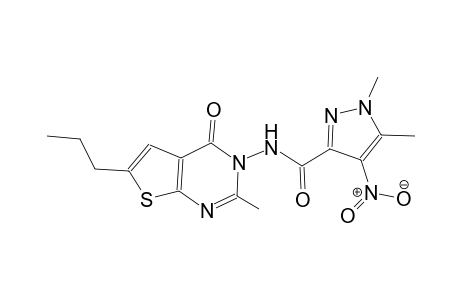 1,5-dimethyl-N-(2-methyl-4-oxo-6-propylthieno[2,3-d]pyrimidin-3(4H)-yl)-4-nitro-1H-pyrazole-3-carboxamide