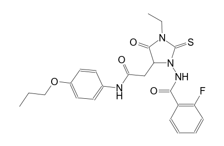 N-{3-ethyl-4-oxo-5-[2-oxo-2-(4-propoxyanilino)ethyl]-2-thioxo-1-imidazolidinyl}-2-fluorobenzamide
