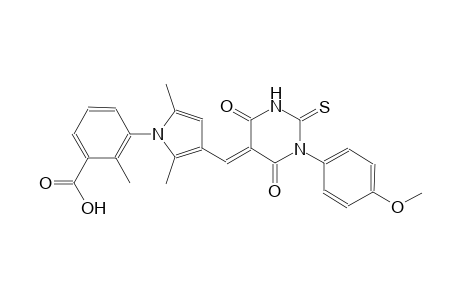 3-{3-[(E)-(1-(4-methoxyphenyl)-4,6-dioxo-2-thioxotetrahydro-5(2H)-pyrimidinylidene)methyl]-2,5-dimethyl-1H-pyrrol-1-yl}-2-methylbenzoic acid