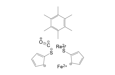 Ferrous bis(cyclopenta-2,4-dien-1-ide-2-thiolate) 1,2,3,4,5,6-hexamethylbenzene rhenium(II) carbonyl