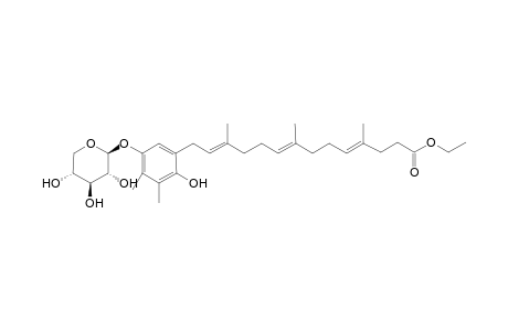 Ethyl 14-[2'-hydroxy-3',4'-dimethyl-5'-(1"-.beta.-D-xylopyranosyloxy)phenyl]-4,8,12-trimethyltetradeca-4,8,12-trienoate
