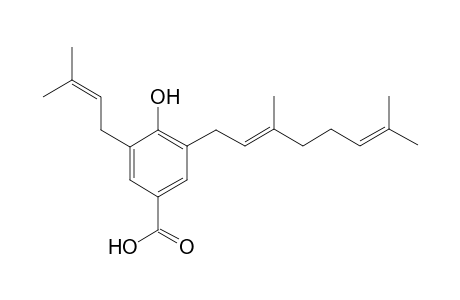 3-geranyl-4-hydroxy-5-(3'-methyl-2'-butenyl)-benzoic acid