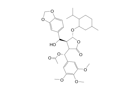 (-)-(3S,4R,5R,6R)-3-(3",4",5"-Trimethoxy-.alpha.-acetroxybenzyl)-4-(3',4'-methylenedioxy-.alpha.-hydroxybenzyl)-5-(1-menthyloxy)butyroactone