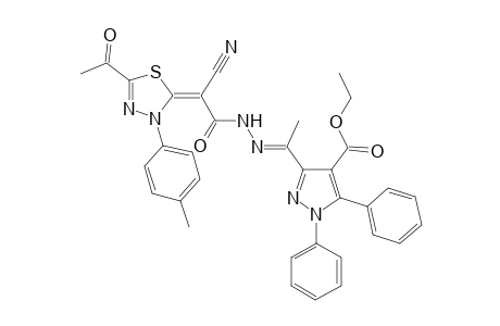 Ethyl 3-((E)-1-(2-((E)-2-(5-acetyl-3-(p-tolyl)-1,3,4-thiadiazol-2(3H)-ylidene)-2-cyanoacetyl)hydrazono)ethyl)-1,5-diphenyl-1H-pyrazole-4-carboxylate