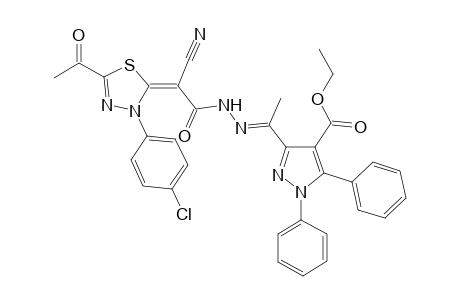 Ethyl 3-((E)-1-(2-((E)-2-(5-acetyl-3-(4-chlorophenyl)-1,3,4-thiadiazol-2(3H)-ylidene)-2-cyanoacetyl)hydrazono)ethyl)-1,5-diphenyl-1H-pyrazole-4-carboxylate