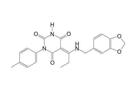 (5E)-5-{1-[(1,3-benzodioxol-5-ylmethyl)amino]propylidene}-1-(4-methylphenyl)-2,4,6(1H,3H,5H)-pyrimidinetrione