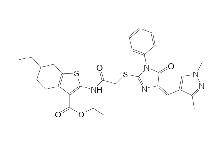 ethyl 2-{[({(4E)-4-[(1,3-dimethyl-1H-pyrazol-4-yl)methylene]-5-oxo-1-phenyl-4,5-dihydro-1H-imidazol-2-yl}sulfanyl)acetyl]amino}-6-ethyl-4,5,6,7-tetrahydro-1-benzothiophene-3-carboxylate