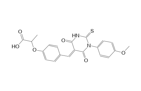 2-{4-[(E)-(1-(4-methoxyphenyl)-4,6-dioxo-2-thioxotetrahydro-5(2H)-pyrimidinylidene)methyl]phenoxy}propanoic acid