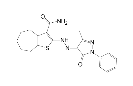 (E)-2-(2-(3-methyl-5-oxo-1-phenyl-1H-pyrazol-4[5H]-ylidene)hydrazinyl)-5,6,7,8-tetrahydro-4H-cyclohepta[b]thiophene-3-carboxamide