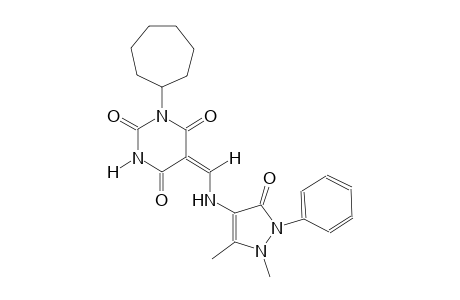 (5E)-1-cycloheptyl-5-{[(1,5-dimethyl-3-oxo-2-phenyl-2,3-dihydro-1H-pyrazol-4-yl)amino]methylene}-2,4,6(1H,3H,5H)-pyrimidinetrione