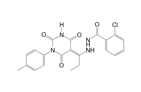 2-chloro-N'-[(1E)-1-(1-(4-methylphenyl)-2,4,6-trioxotetrahydro-5(2H)-pyrimidinylidene)propyl]benzohydrazide