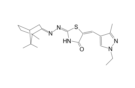 (2E,5E)-5-[(1-ethyl-3-methyl-1H-pyrazol-4-yl)methylene]-1,3-thiazolidine-2,4-dione 2-{[(2E)-1,7,7-trimethylbicyclo[2.2.1]hept-2-ylidene]hydrazone}