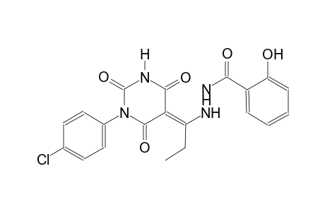 N'-[(1E)-1-(1-(4-chlorophenyl)-2,4,6-trioxotetrahydro-5(2H)-pyrimidinylidene)propyl]-2-hydroxybenzohydrazide