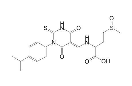 2-{[(E)-(1-(4-isopropylphenyl)-4,6-dioxo-2-thioxotetrahydro-5(2H)-pyrimidinylidene)methyl]amino}-4-(methylsulfinyl)butanoic acid