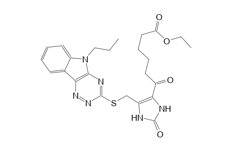 ethyl 6-oxo-6-(2-oxo-5-{[(5-propyl-5H-[1,2,4]triazino[5,6-b]indol-3-yl)sulfanyl]methyl}-2,3-dihydro-1H-imidazol-4-yl)hexanoate