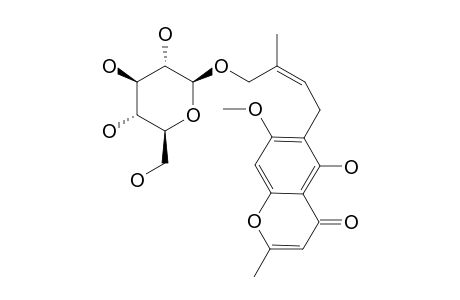 CNIDIMOSIDE-B;5-HYDROXY-7-METHYOXY-6-[(2Z)-3-BETA-D-GLUCOPYRANOSYL-METHYL-2-BUTENYL]-2-METHYL-4H-[1]-BENZOPYRAN-4-ONE