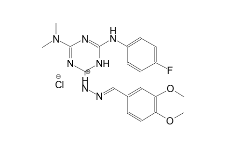 2-(3,4-dimethoxybenzylidene)-1-(4-(dimethylamino)-6-((4-fluorophenyl)amino)-1,3,5-triazin-2(1H)-ylidene)hydrazin-1-ium chloride