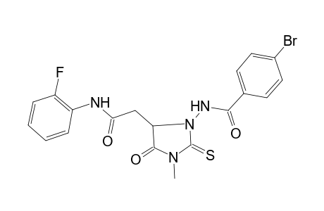 4-Bromanyl-N-[5-[2-[(2-fluorophenyl)amino]-2-oxidanylidene-ethyl]-3-methyl-4-oxidanylidene-2-sulfanylidene-imidazolidin-1-yl]benzamide