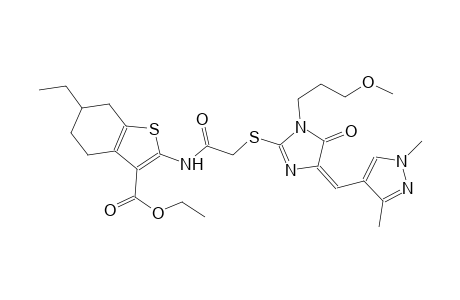 ethyl 2-[({[(4E)-4-[(1,3-dimethyl-1H-pyrazol-4-yl)methylene]-1-(3-methoxypropyl)-5-oxo-4,5-dihydro-1H-imidazol-2-yl]sulfanyl}acetyl)amino]-6-ethyl-4,5,6,7-tetrahydro-1-benzothiophene-3-carboxylate