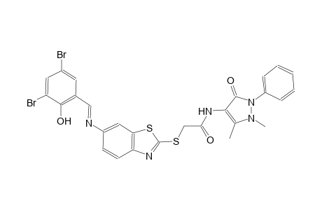 2-[(6-{[(E)-(3,5-dibromo-2-hydroxyphenyl)methylidene]amino}-1,3-benzothiazol-2-yl)sulfanyl]-N-(1,5-dimethyl-3-oxo-2-phenyl-2,3-dihydro-1H-pyrazol-4-yl)acetamide