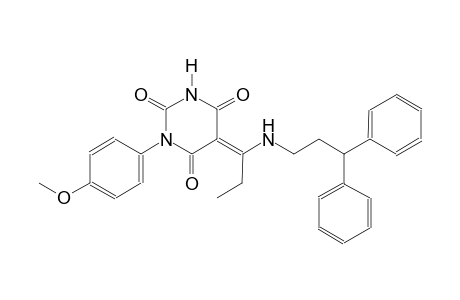 (5E)-5-{1-[(3,3-diphenylpropyl)amino]propylidene}-1-(4-methoxyphenyl)-2,4,6(1H,3H,5H)-pyrimidinetrione