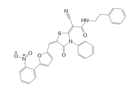 (2E)-2-cyano-2-((5E)-5-{[5-(2-nitrophenyl)-2-furyl]methylene}-4-oxo-3-phenyl-1,3-thiazolidin-2-ylidene)-N-(2-phenylethyl)ethanamide