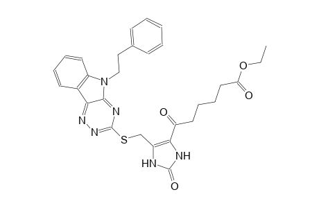 ethyl 6-oxo-6-[2-oxo-5-({[5-(2-phenylethyl)-5H-[1,2,4]triazino[5,6-b]indol-3-yl]sulfanyl}methyl)-2,3-dihydro-1H-imidazol-4-yl]hexanoate