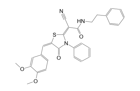 (2E)-2-cyano-2-[(5E)-5-(3,4-dimethoxybenzylidene)-4-oxo-3-phenyl-1,3-thiazolidin-2-ylidene]-N-(2-phenylethyl)ethanamide