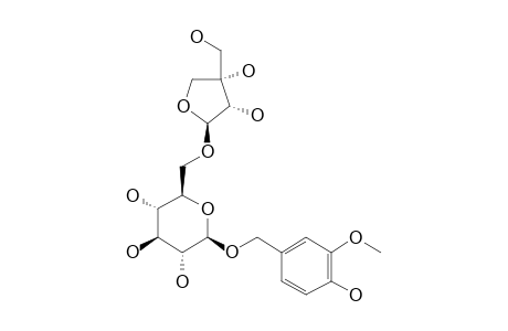 BRETSCHNEIDEROSIDE_C;4-HYDROXY-3-METHOXY-BENZYL-O-BETA-D-APIOFURANOSYL-(1->6)-O-BETA-D-GLUCOPYRANOSIDE