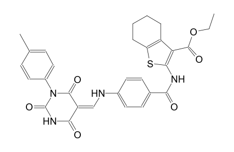 ethyl 2-[(4-{[(Z)-(1-(4-methylphenyl)-2,4,6-trioxotetrahydro-5(2H)-pyrimidinylidene)methyl]amino}benzoyl)amino]-4,5,6,7-tetrahydro-1-benzothiophene-3-carboxylate