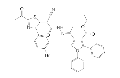 Ethyl 3-((E)-1-(2-((E)-2-(5-acetyl-3-(4-bromophenyl)-1,3,4-thiadiazol-2(3H)-ylidene)-2-cyanoacetyl)hydrazono)ethyl)-1,5-diphenyl-1H-pyrazole-4-carboxylate