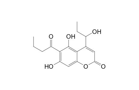 2H-1-Benzopyran-2-one, 5,7-dihydroxy-4-(1-hydroxypropyl)-6-(1-oxobutyl)-