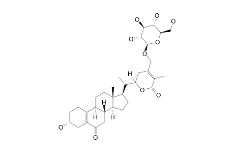 WITHALONGOLIDE_N;28-O-BETA-D-GLUCOPYRANOSYL-3-ALPHA-HYDROXY-6-OXO-19-NORWITHA-5-(10),24-DIENOLIDE