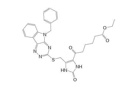 ethyl 6-(5-{[(5-benzyl-5H-[1,2,4]triazino[5,6-b]indol-3-yl)sulfanyl]methyl}-2-oxo-2,3-dihydro-1H-imidazol-4-yl)-6-oxohexanoate