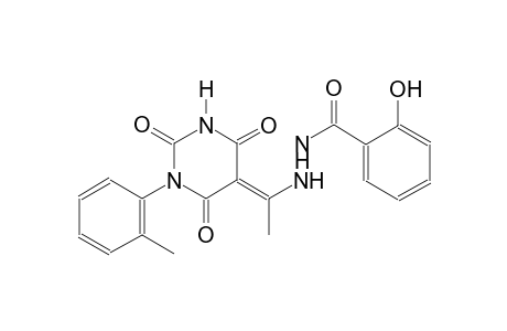 2-hydroxy-N'-[(1E)-1-(1-(2-methylphenyl)-2,4,6-trioxotetrahydro-5(2H)-pyrimidinylidene)ethyl]benzohydrazide
