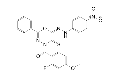 (6E)-4-(2-fluoro-4-methoxybenzoyl)-2-phenyl-5-thioxo-4,5-dihydro-6H-1,3,4-oxadiazin-6-one (4-nitrophenyl)hydrazone