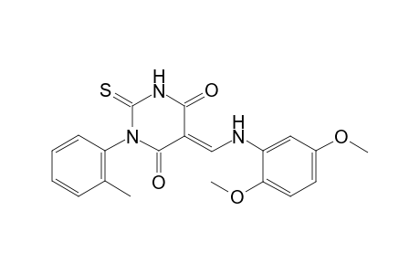 (5E)-5-[(2,5-dimethoxyanilino)methylene]-1-(o-tolyl)-2-thioxo-hexahydropyrimidine-4,6-dione