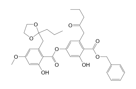 Benzoic acid, 2-hydroxy-4-[[2-hydroxy-4-methoxy-6-[(2-propyl-1,3-dioxolan-2-yl)methyl]benzoyl]oxy]-6-(2-oxopentyl)-, phenylmethyl ester