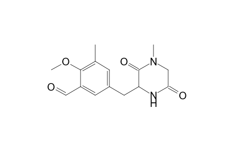 2-methoxy-3-methyl-5-[(4-methyl-3,6-dioxo-2-piperazinyl)methyl]benzaldehyde