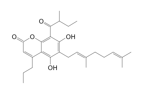 6-[(2E)-3,7-dimethylocta-2,6-dienyl]-5,7-dihydroxy-8-(2-methyl-1-oxobutyl)-4-propyl-1-benzopyran-2-one